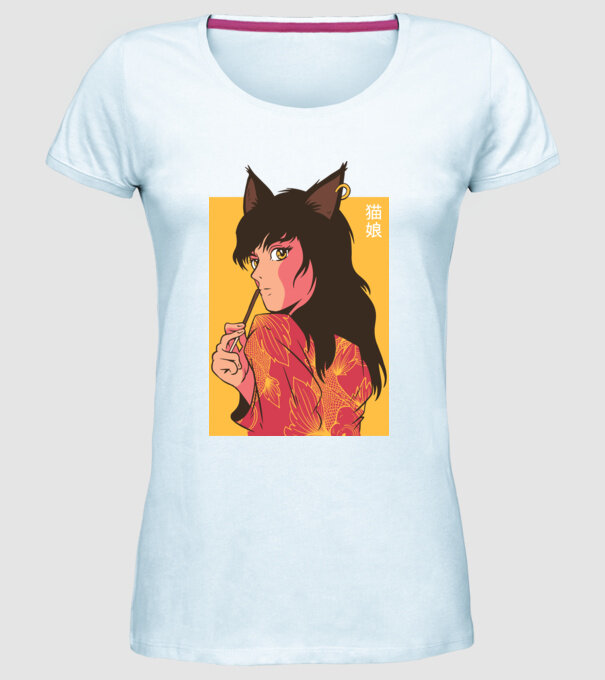 Pisică Fată Anime model albastru deschis pe tricou