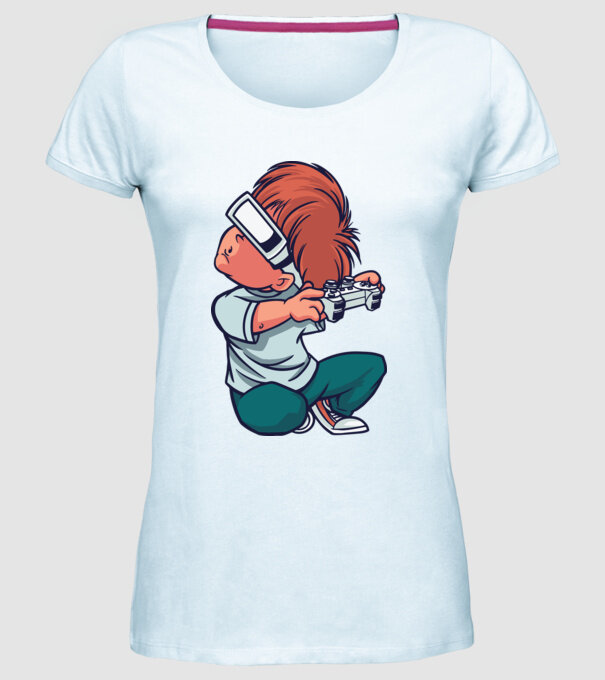 Băiat Gamer cu ochelari VR model albastru deschis pe tricou