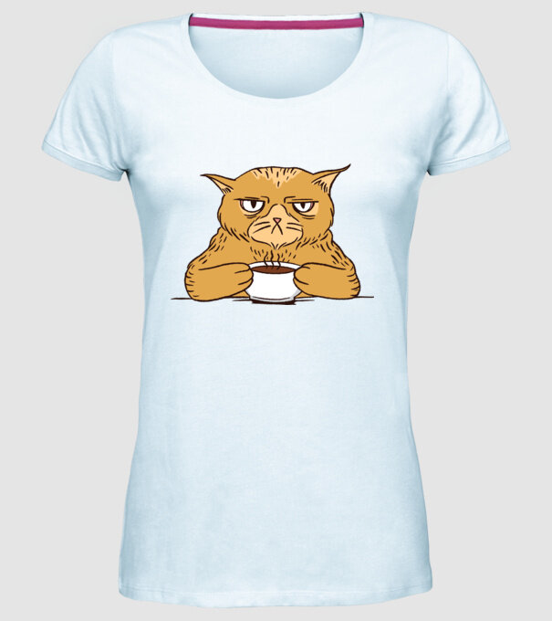 Grumpy Cat - Pisică supărată cu cafea model albastru deschis pe tricou