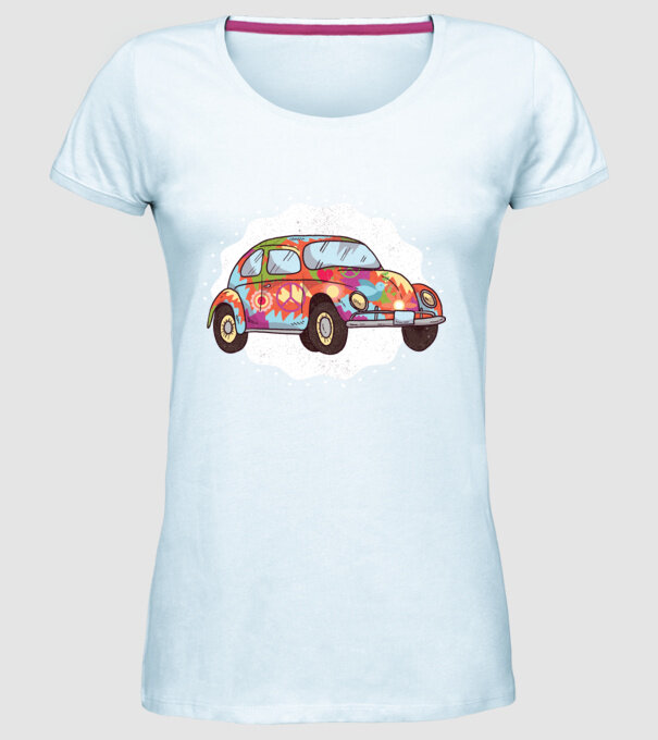 Hippy Beetle Volkswagen model albastru deschis pe tricou