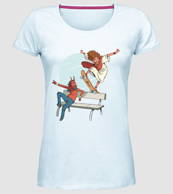 Isus Skateboarding model albastru deschis pe tricou