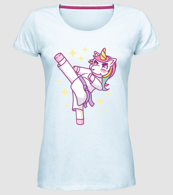Karate unicorn model albastru deschis pe tricou