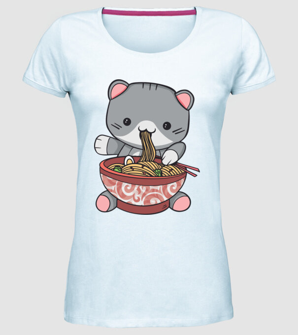 Pisică Kawaii Ramen model albastru deschis pe tricou