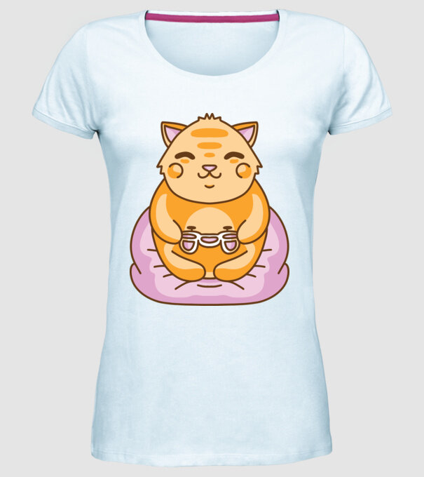 Pisică Gamer Kawaii model albastru deschis pe tricou