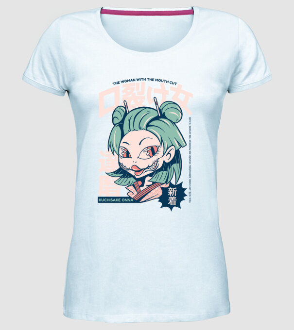 Kuchisake Onna Yokai Anime model albastru deschis pe tricou