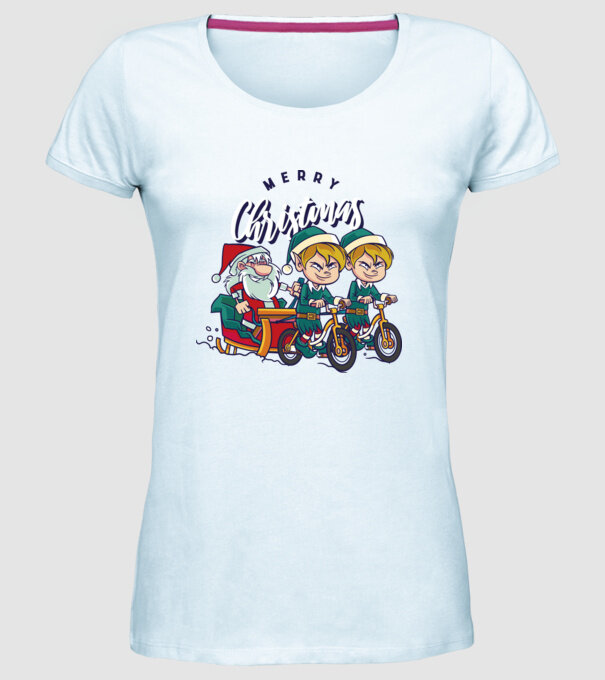Merry Christmas Moș Crăciun cu sanie cu bicicletă model albastru deschis pe tricou