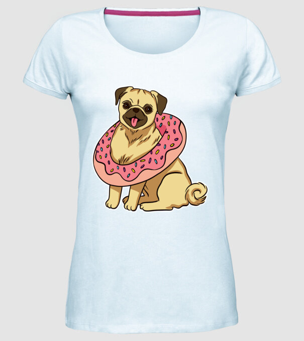 Mops cu gogoașă la gât model albastru deschis pe tricou