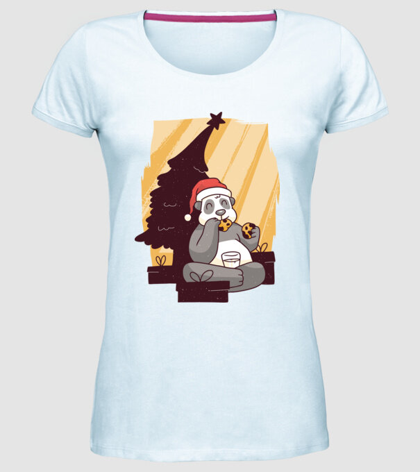 Panda mâncând prăjituri tricou Crăciun model albastru deschis pe tricou