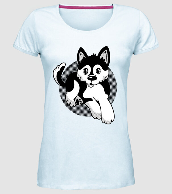Câine Pomsky model albastru deschis pe tricou