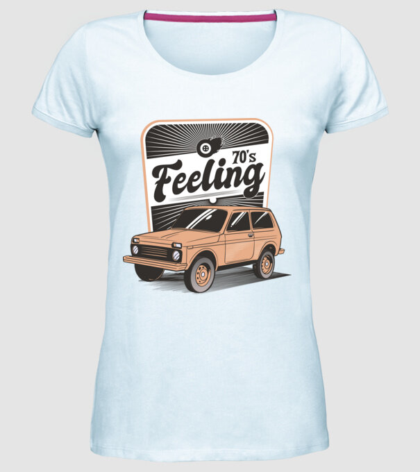 Mașină Retro anii 70 Lada Niva model albastru deschis pe tricou