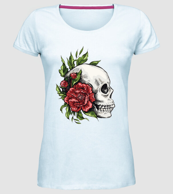 Trandafiri și craniu model albastru deschis pe tricou