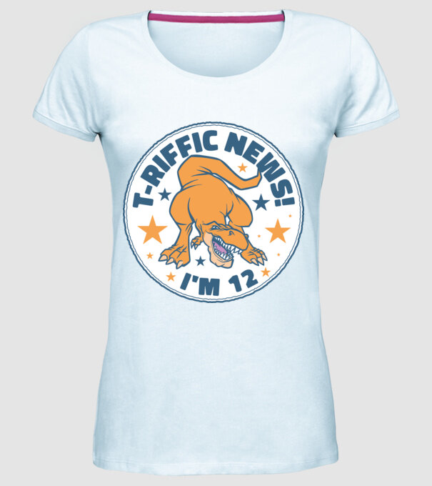 'T-rex Terrific news i''m 12' model albastru deschis pe tricou