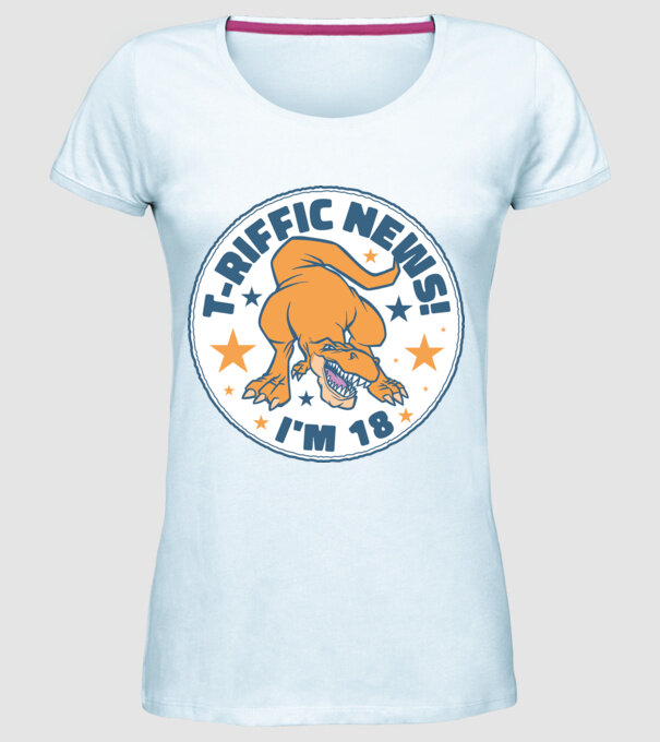 'T-rex Terrific news i''m 18' model albastru deschis pe tricou