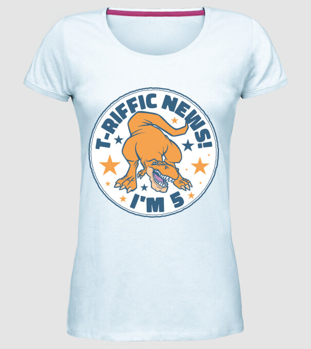 'T-rex Terrific news i''m 5' model albastru deschis pe tricou