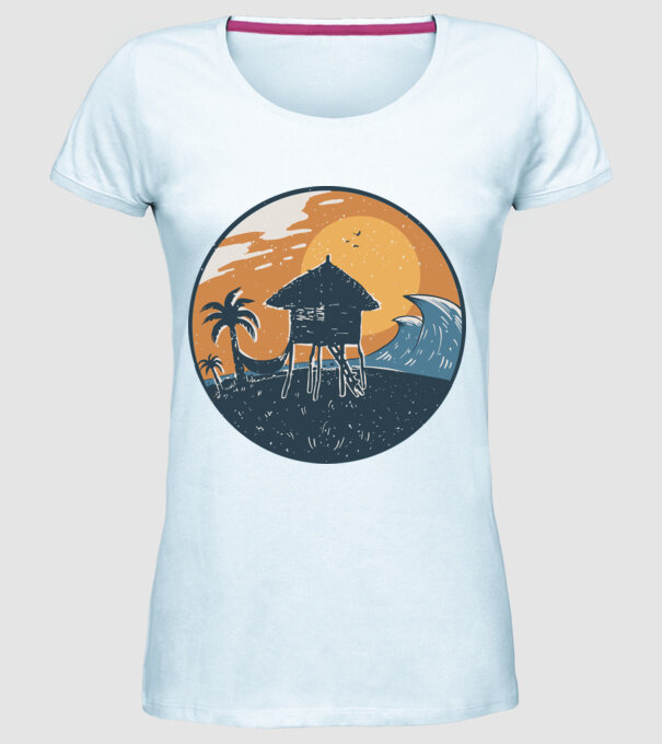 Bungalou pe plajă model albastru deschis pe tricou
