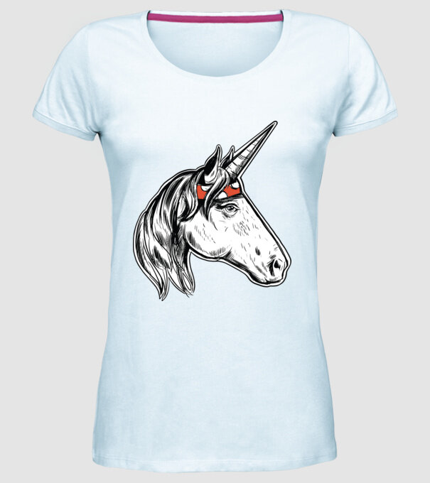 Cal Unicorn model albastru deschis pe tricou