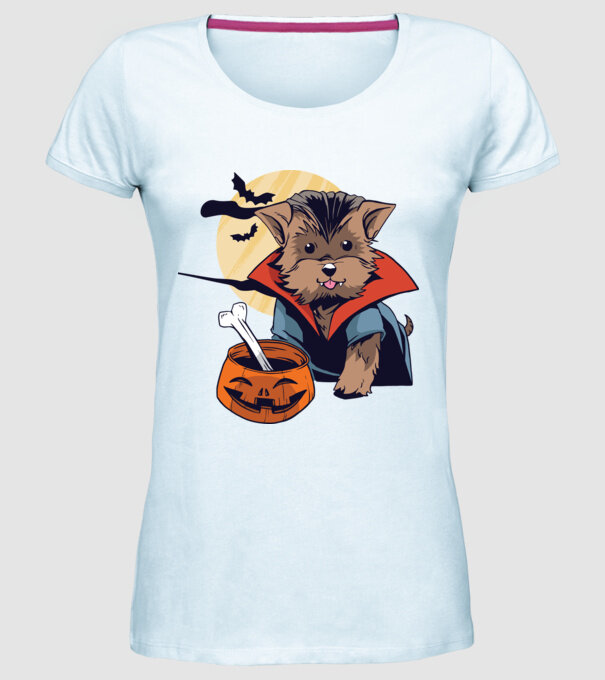 Vampir Yorkie Halloween model albastru deschis pe tricou