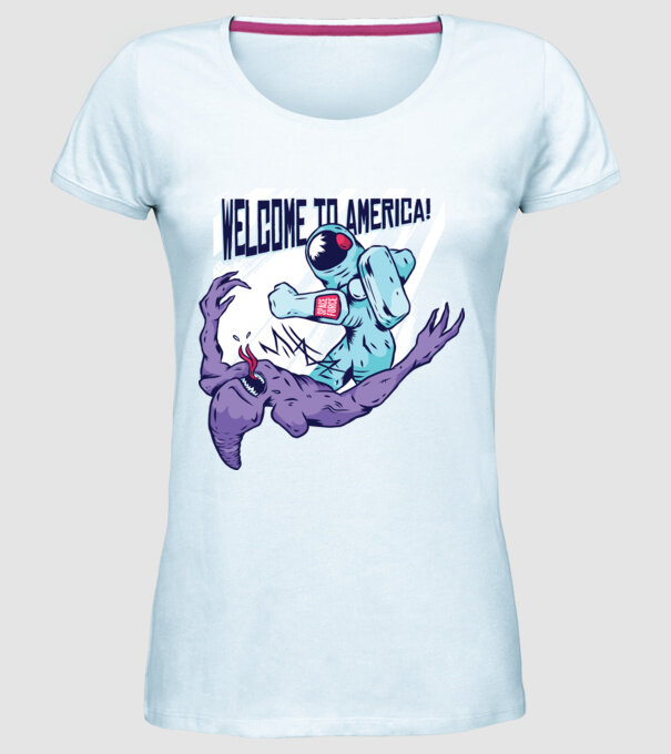 Welcome To America model albastru deschis pe tricou