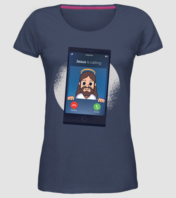 Isus te sună tricou amuzant model albastru jeanși pe tricou