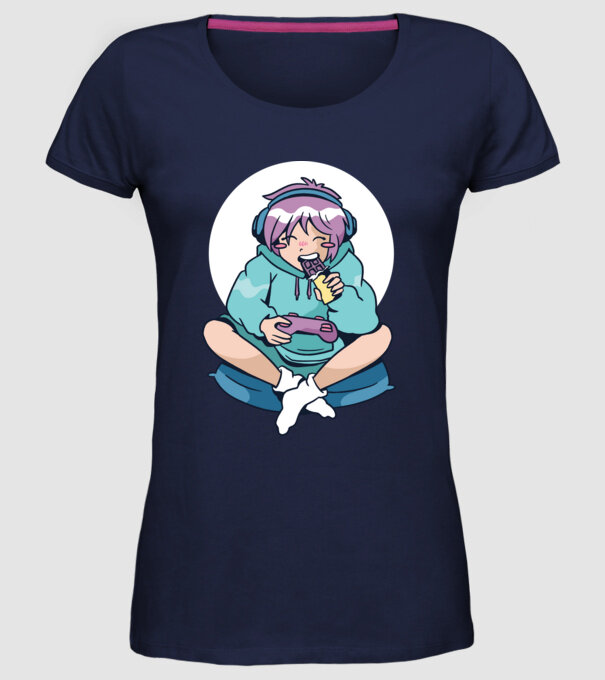 Anime Gamer Fată cu ciocolată model albastru închis pe tricou