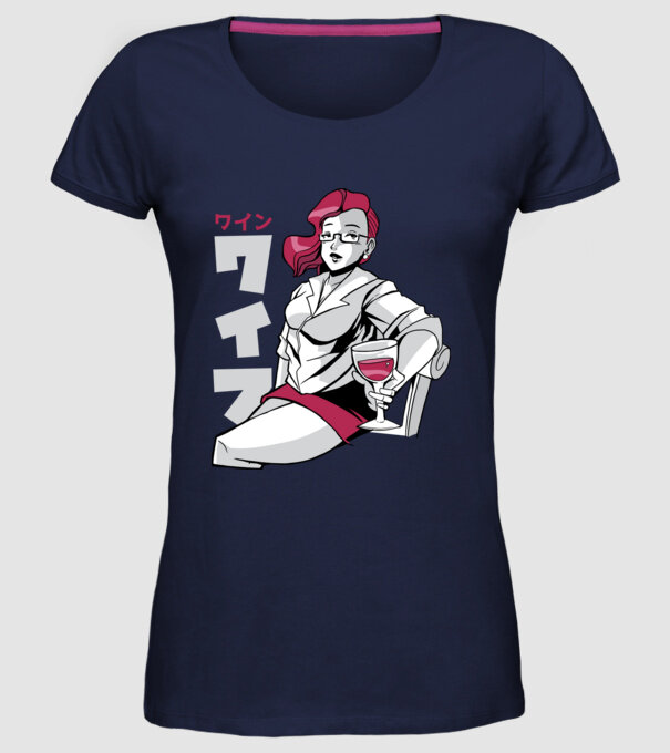Anime fată cu vin model albastru închis pe tricou