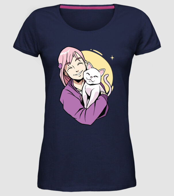 Anime fată cu pisică model albastru închis pe tricou