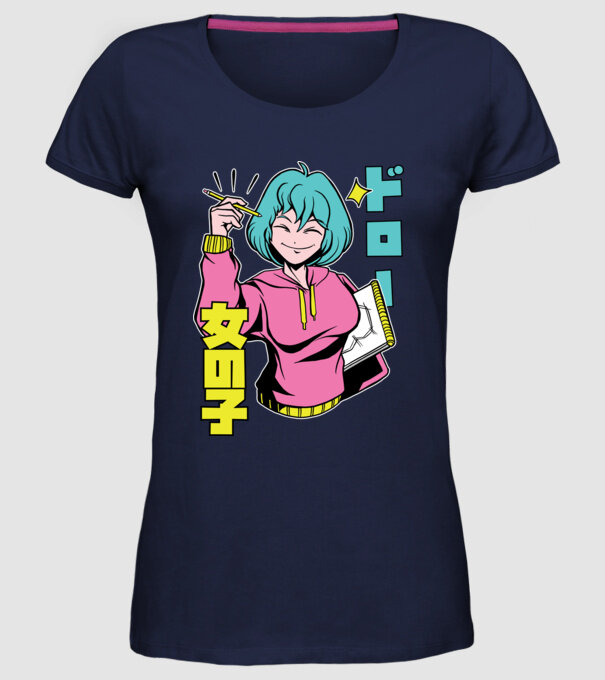 Anime fată desenând model albastru închis pe tricou