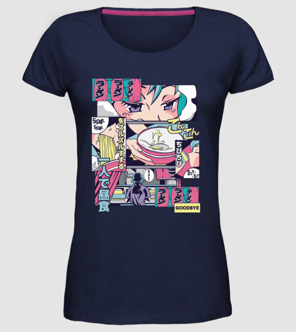 Anime Vaporwave Ramen model albastru închis pe tricou