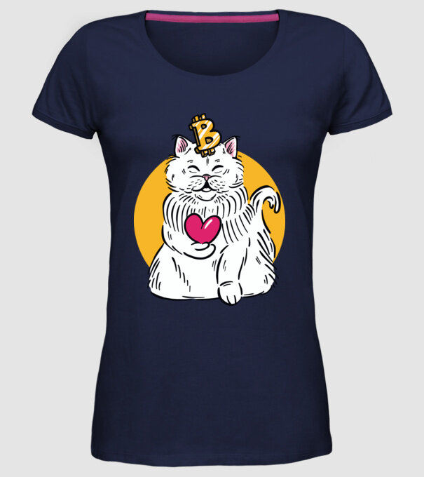 Pisică Bitcoin model albastru închis pe tricou