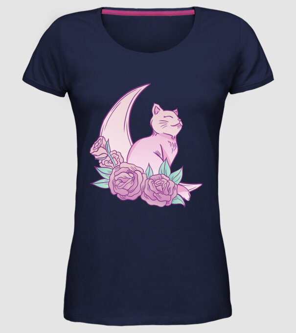 Pisică pe lună model albastru închis pe tricou