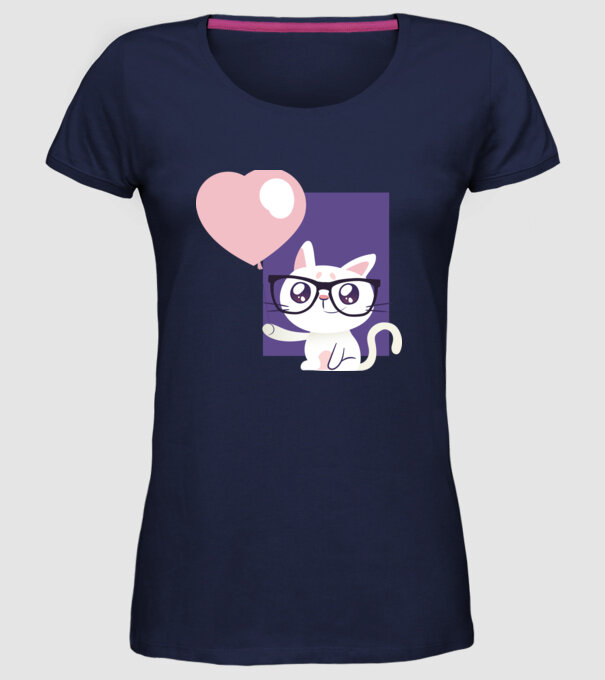 Inimă Pisică cu balon model albastru închis pe tricou