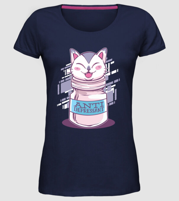Tabletă antidepresivă pisică model albastru închis pe tricou