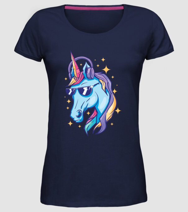 Unicorn strălucitor cu căști model albastru închis pe tricou