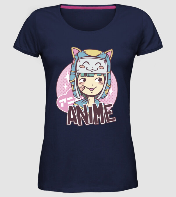 Fată drăguță Anime model albastru închis pe tricou