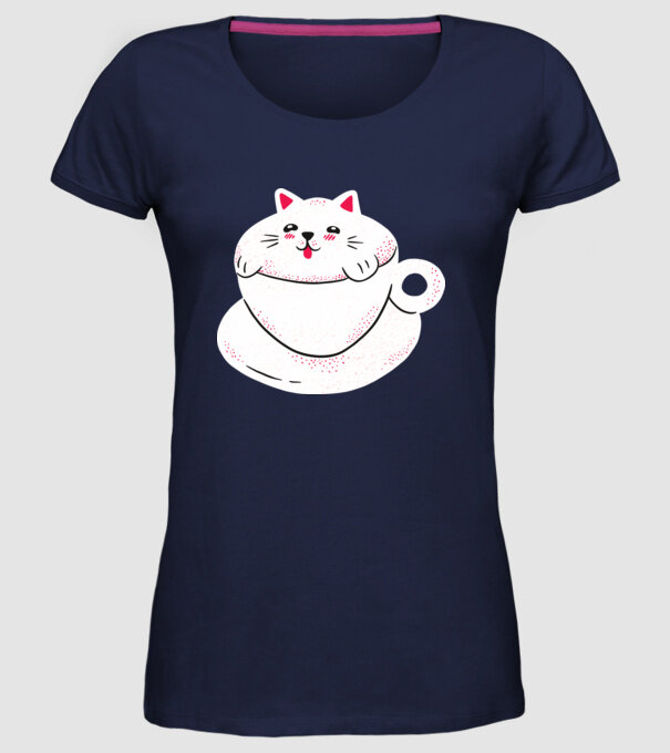 Tricou cafea cu pisică drăguță model albastru închis pe tricou