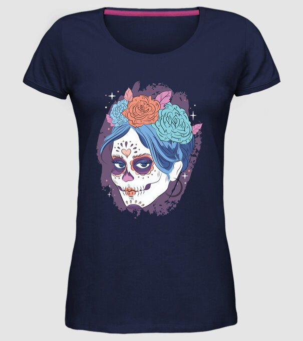Dia de Los Muertos - Craniu cu flori model albastru închis pe tricou