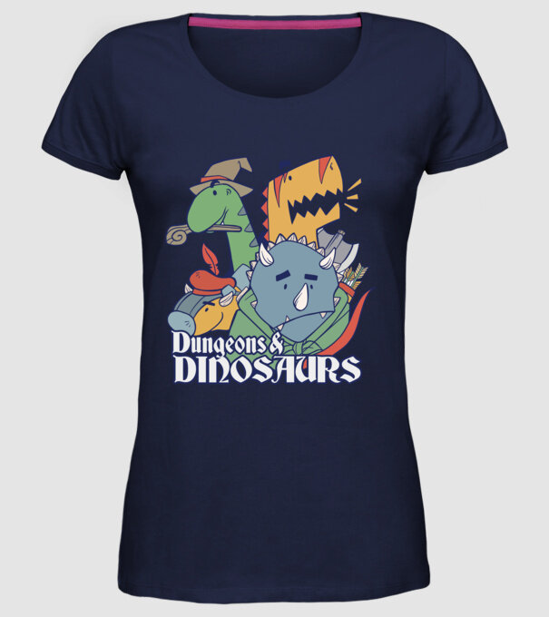Dungeons and Dinosaurs model albastru închis pe tricou