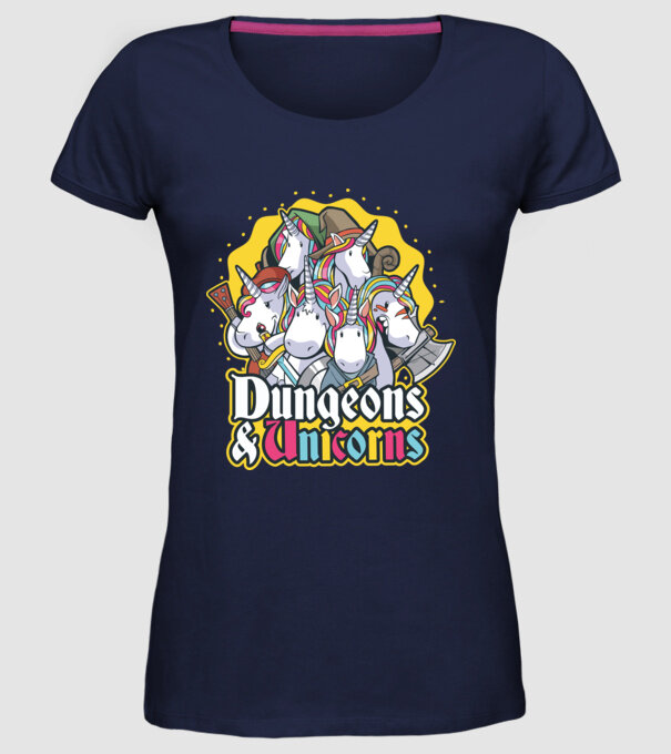 Dungeons and Unicorns model albastru închis pe tricou