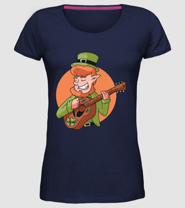 Chitarist Leprechaun irlandez St Patrick model albastru închis pe tricou