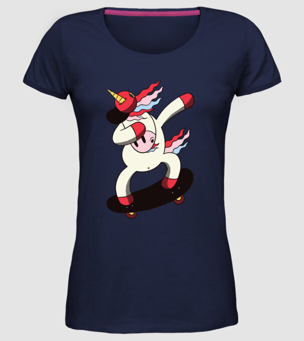 Skateboarder Unicorn DAB model albastru închis pe tricou