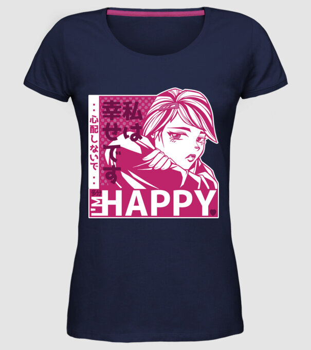 'I''m happy fată Anime antisocială' model albastru închis pe tricou