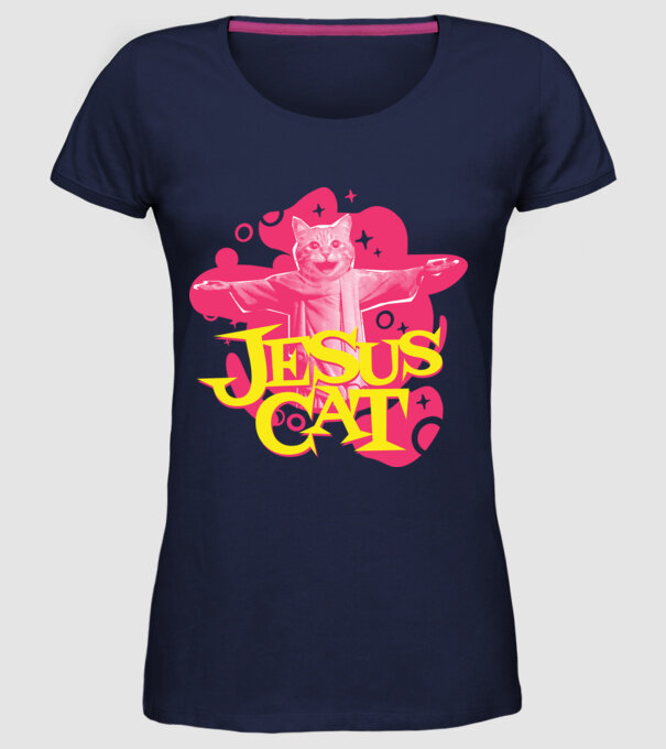 Jesus Cat model albastru închis pe tricou