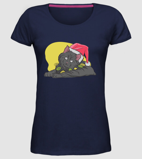 Pisică de Crăciun model albastru închis pe tricou