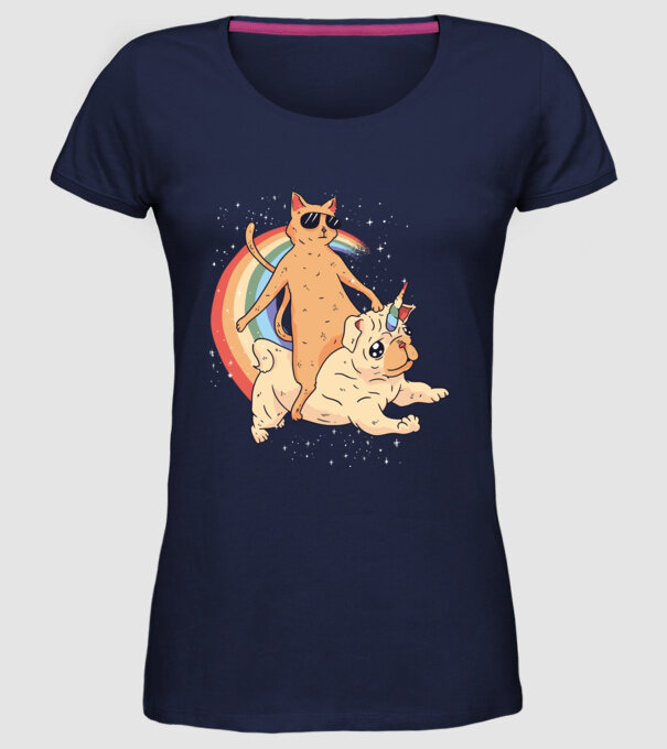Pisică și Mops unicorn model albastru închis pe tricou