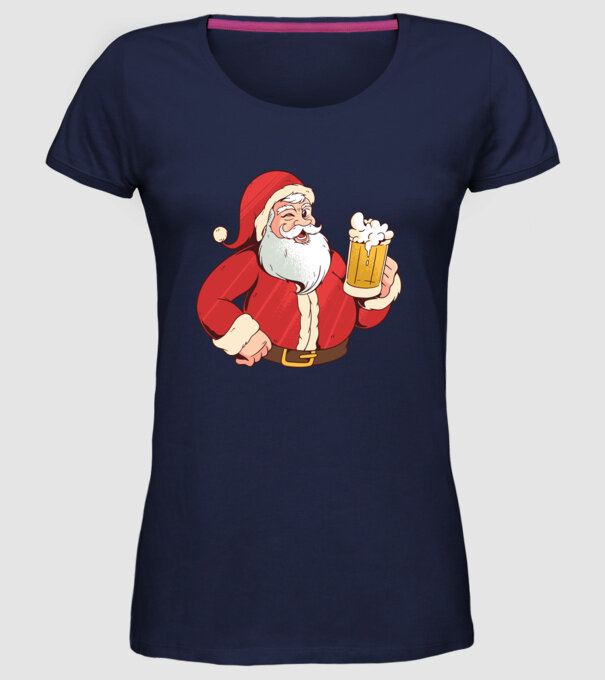 Moș Crăciun cu bere tricou amuzant model albastru închis pe tricou