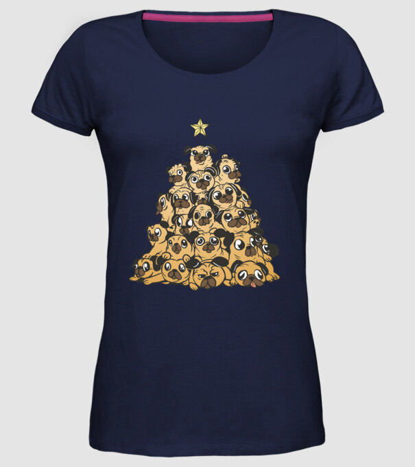 pom de Crăciun cu cățel (mops) model albastru închis pe tricou
