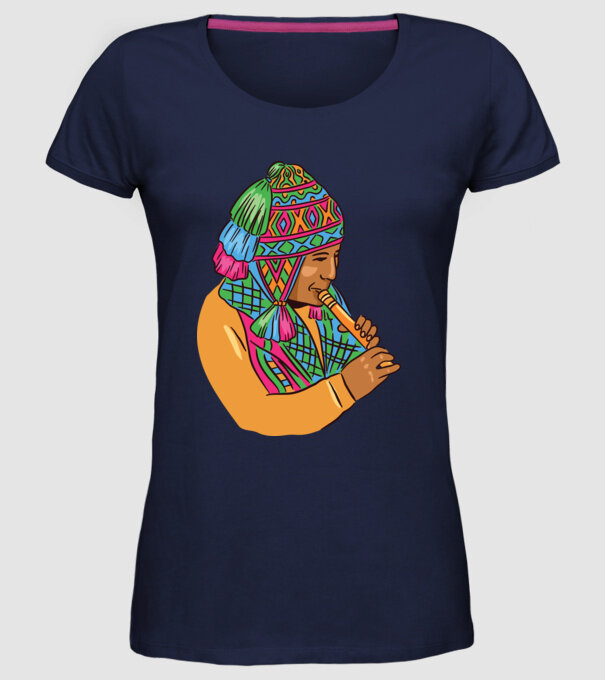 Muzician peruan indigen model albastru închis pe tricou