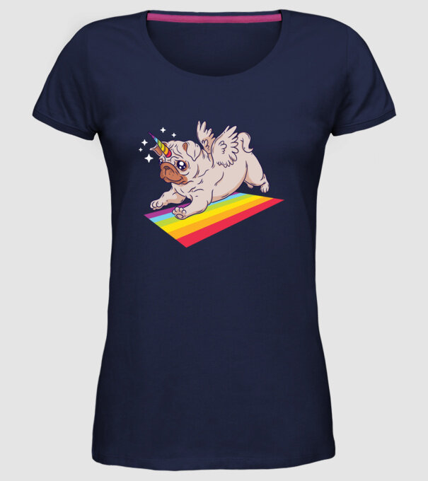 Pugicorn - mops unicorn model albastru închis pe tricou