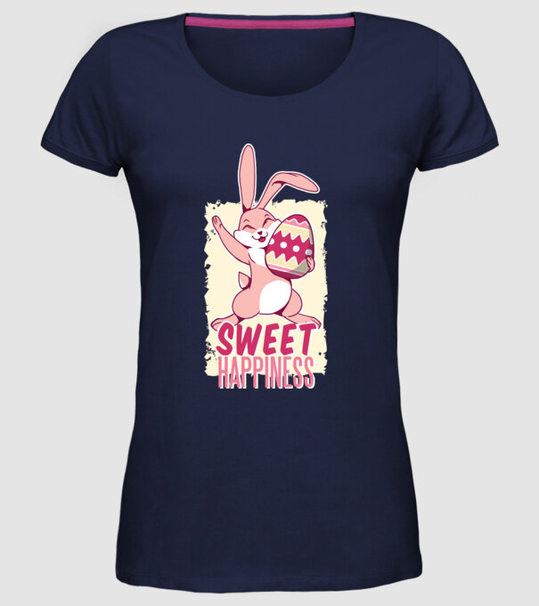 Sweet Happiness pentru Paște tricou cu iepuraș model albastru închis pe tricou