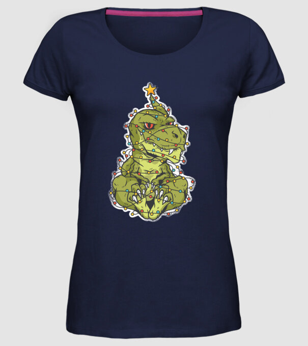 Dinozaur T-rex Pom de Crăciun tricou model albastru închis pe tricou